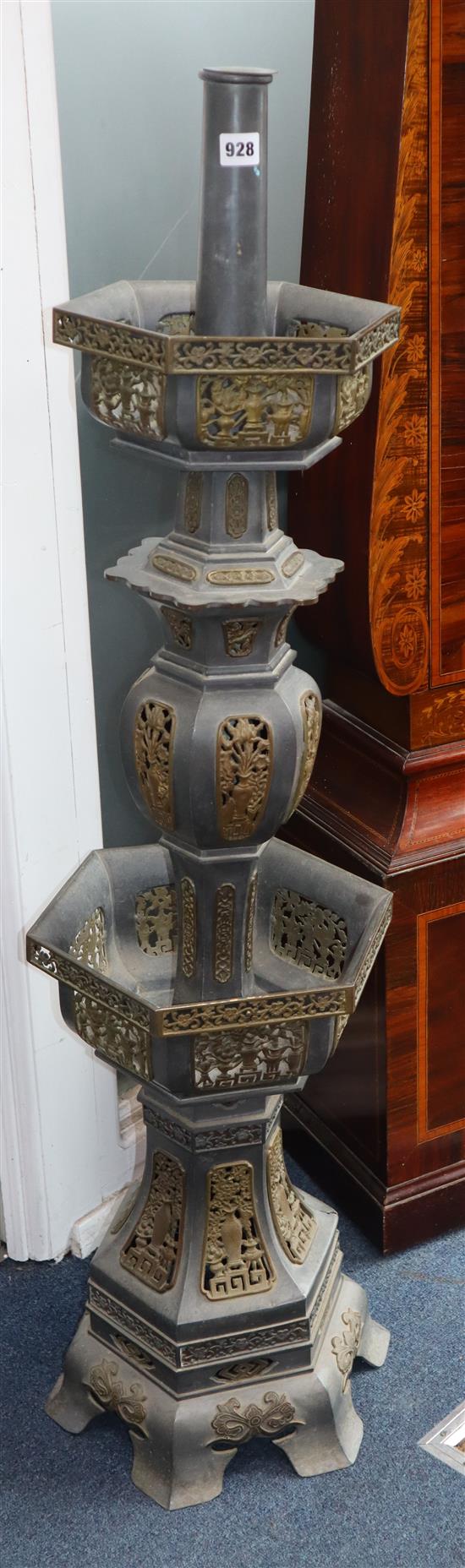 A Chinese pewter and bronze standard lamp H.126cm